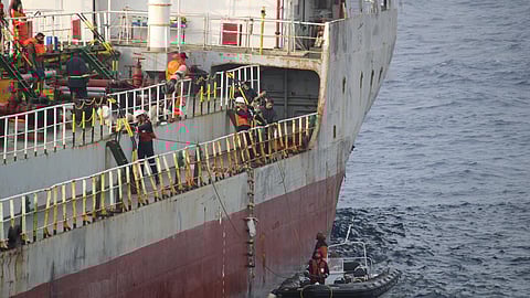 INS Tabar immediately mobilized its firefighting team and equipment, deploying personnel to the stricken tanker using a combination of ship's boats and helicopter support.