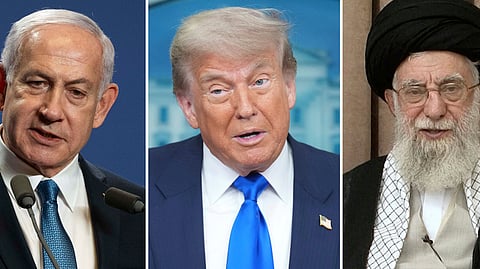 This combination of photos shows Israel's Prime Minister Benjamin Netanyahu in Budapest, Hungary, April 3, 2025, from left, President Donald Trump in the briefing room of the White House in Washington, June 27, 2025, and a handout of Supreme Leader Ayatollah Ali Khamenei during a televised speech in Tehran, Iran, June 26, 2025. 