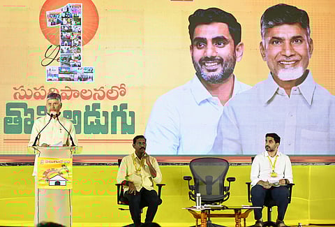 TDP supremo Nara Chandrababu Naidu during meeting with partys cadre at Central Party office in Mangalagiri on Sunday.