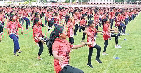 File pic of school students participating in a mega Zumba session.