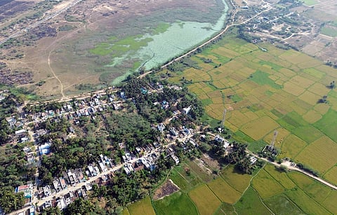 Aerial view of Ekanapuram and its lush green paddy fields, which are proposed to be acquired for the proposed greenfield airport at Parandur.