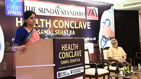 Prabhu Chawla(Editorial Director) with Anupriya Patel(Union Minister of for Health & Family Welfare of India) in an event Sawaal Sehat ka on the occasion of Doctors day organised by The Sunday Standard and Medi Media People at Multipurpose Hall IIC, Lodhi Road, New Delhi.