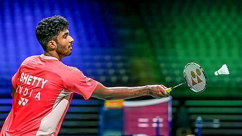 India's Ayush Shetty returns to Chinese Taipei's Chou Tien-chen during the men's singles semi-final match at the US Open 2025 badminton tournament, in Iowa, USA, Saturday, June 28, 2025.