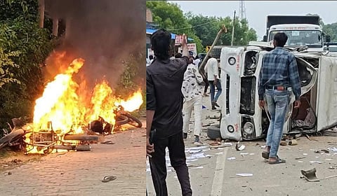 Vehicles were torched and vandalised by the mob.