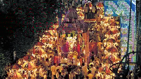 Devotees take part in the Rathotsavam, marking the end of Yellamma Ammavari Kalyanam at the Balkampet Yellamma temple, on Wednesday.