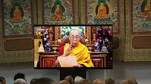 Tibetan spiritual leader the Dalai Lama speaks in a video broadcast at the start of the 15th Tibetan Religious Conference, a meeting of religious leaders in McLeod Ganj, near Dharamsala, on July 2, 2025.