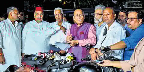 INDIA bloc leaders address the media after meeting the Chief Election Commissioner Gyanesh Kumar over voters’ list revision, in New Delhi on Wednesday | pti