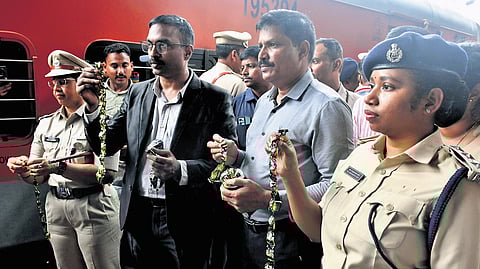 EAGLE chief Ake Ravi Krishna and his team seizes ganja chocolates from a Chennai-bound train at Vijayawada railway station on Thursday.