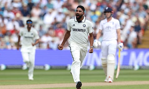 India's Mohammed Siraj celebrates taking the wicket of England's Joe Root on Day 3