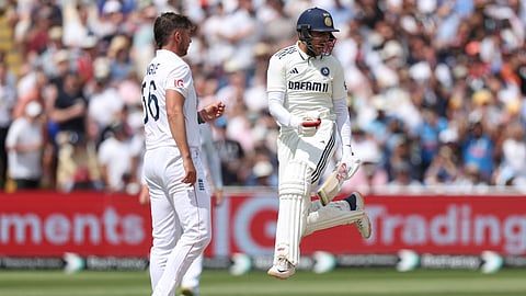 India's captain Shubman Gill, right, celebrates after scoring a double century on day two of the second cricket test match between England and India at Edgbaston in Birmingham, England, Thursday, July 3, 2025.