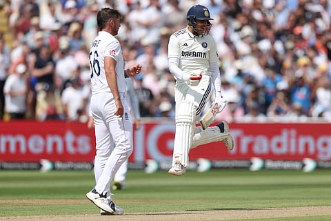 India's captain Shubman Gill celebrates after their win against England on day five of the second cricket test match at Edgbaston in Birmingham, England, Sunday, July 6, 2025.