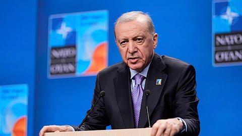 Turkish President Recep Tayyip Erdogan speaks during a media conference at the NATO summit in The Hague, Netherlands.