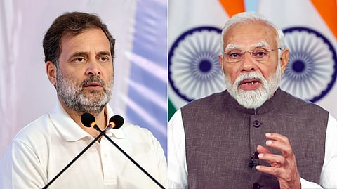 A collage of Prime Minister Narendra Modi (R) and Congress leader and Lok Sabha LoP Rahul Gandhi (L).