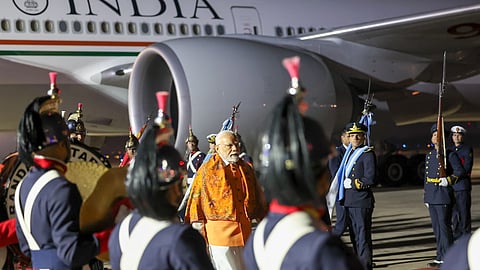 Prime Minister Narendra Modi being accorded a ceremonial welcome upon his arrival at the Ezeiza International Airport, in Buenos Aires, Argentina, July 5, 2025. 