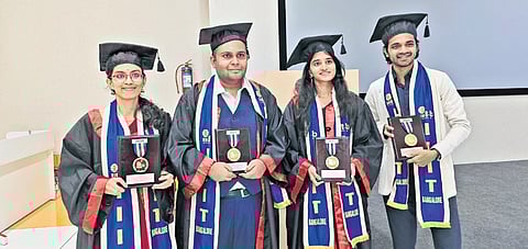 From left: Sookthi Bhat Kav, Monjoy Choudhury, Valipireddy Pranathi and Chaitanya Manas take the top honours at the 25th annual convocation of IIIT-B on Sunday.
