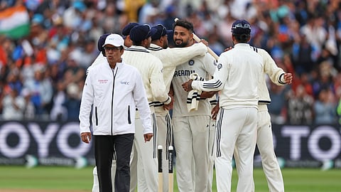 India's Akash Deep, center, celebrates with teammates after their win against England on day five of the second cricket test match at Edgbaston in Birmingham, England, Sunday, July 6, 2025.