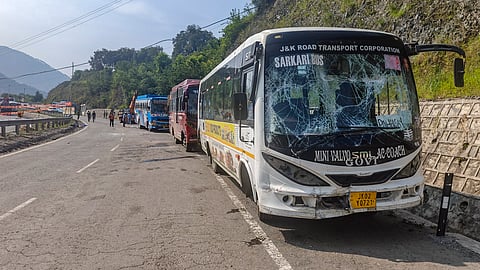 Damaged buses parked on a roadside after at least 36 Amarnath pilgrims suffered minor injuries when five buses, part of a convoy headed for Pahalgam base camp, slammed into each other, in Ramban district, Jammu and Kashmir, Saturday, July 5, 2025