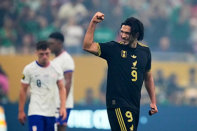 Mexico forward Raúl Jiménez celebrates after scoring in the first half of the CONCACAF Gold Cup final soccer match against the United States in Houston, Sunday, July 6, 2025.