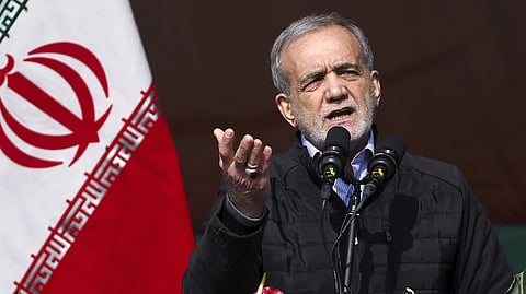 In this photo released by the Iranian Presidency Office, President Masoud Pezeshkian speaks during a rally on Feb. 10, 2025, in Tehran, Iran.