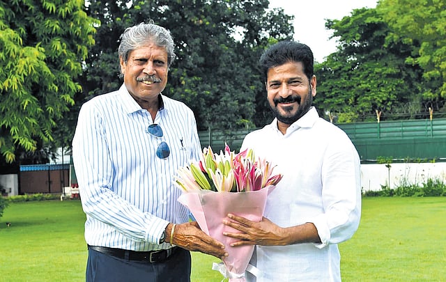Former India cricket captain Kapil Dev with Chief Minister A Revanth Reddy in 
Delhi on Monday