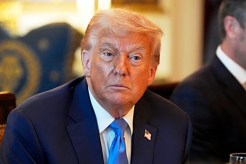 President Donald Trump attends a meeting with Israel's Prime Minister Benjamin Netanyahu in the Blue Room of the White House, Monday, July 7, 2025, in Washington.