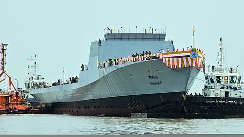 INS Mahendragiri, the seventh ship of the Project 17A Frigates, anchored at the Mazagon Dock Shipbuilders Ltd. in Mumbai.
