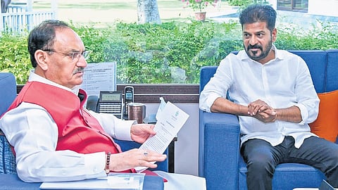 Chief Minister A Revanth Reddy with Union Ministers JP Nadda