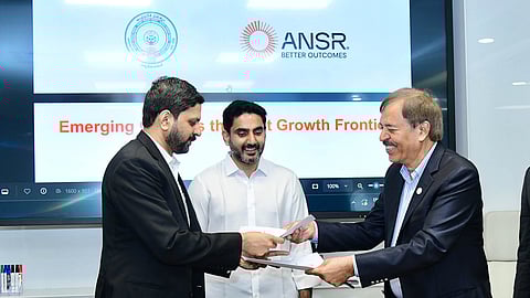 The State government signs an MoU with ANSR to establish a dedicated GCC Innovation Campus in Vizag as IT Minister Nara Lokesh looks on.