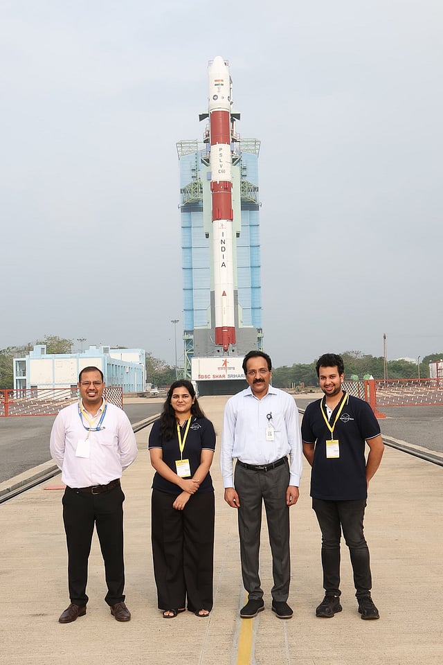 From left to right: Nitish Dhawan, IN-SPACe; Divya Kothamasu, co-founder and CEO of N Space Tech; Dr S Somanath, former chairman, ISRO; and Raghuram Kothamasu, co-founder of N Space Tech — pictured at SDSC SHAR, Sriharikota, ahead of the PSLV-C60 launch carrying SwetchaSAT-V0 onboard POEM-4