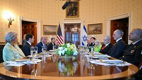 US President Donald Trump meets with Israeli Prime Minister Benjamin Netanyahu in the Blue Room of the White House in Washington, DC, on July 7, 2025.