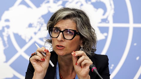 Francesca Albanese, Special Rapporteur on the situation of human rights in the Palestinian territories occupied since 1967, talks to the media during a press conference at the European headquarters of the United Nations in Geneva, Switzerland, July 11, 2023.