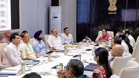 Delhi Chief Minister Rekha Gupta chairs a cabinet meeting, in New Delhi.