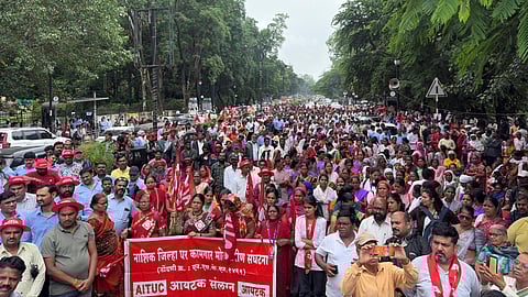 Protesting workers in Nasik, Maharashtra, on July 9, 2025.
