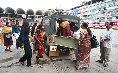 Passengers depending on private jeep services for their commute from the Moffusil Bus Stand Kozhikode due to the private bus owners strike.