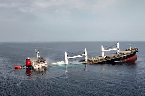 This image released by Ansar Allah Media Office in Yemen shows the Liberian-flagged bulk carrier Eternity C is seen as it sinks in the Red Sea, Wednesday, July 9, 2025.