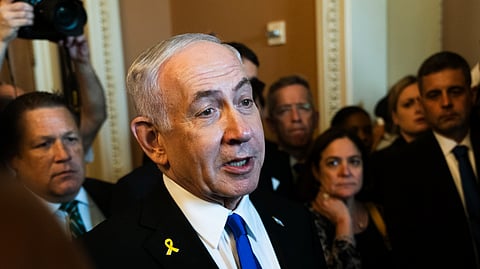 Israeli Prime Minister Benjamin Netanyahu, speaks to reporters before a meeting with lawmakers at the Capitol in Washington, Wednesday, July 9, 2025. 