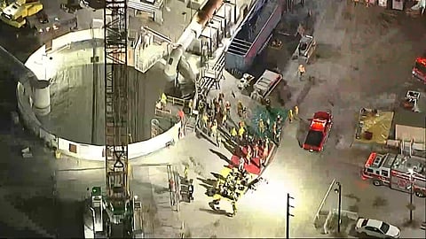 This image taken from footage provided by KABC/ABC7 Los Angeles shows first responders working the scene after a tunnel collapsed on Wednesday, July 9, 2025, in Los Angeles. 