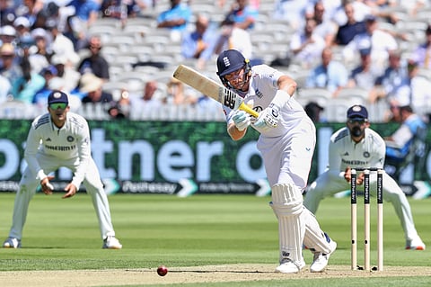 England's Ollie Pope swings at a short ball from India's Jasprit Bumrah on the opening day of the third cricket test match between England and India at Lord's cricket ground in London, on July 10, 2025. 