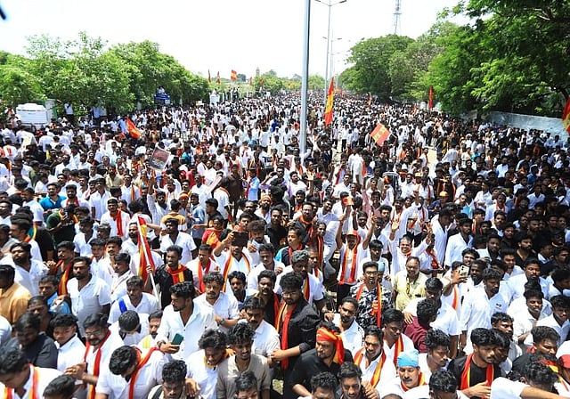 TVK founder Vijay leads agitation seeking justice for the lock-up death victims with thousands of cadres  at Sivananda Salai and on Kamarajar Road  in Chennai.