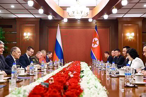 In this photo released by Russian Foreign Ministry Press Service, Russian Foreign Minister Sergey Lavrov, second left, and North Korean Foreign Minister Choe Son Hui, second right, attend the talks in Wonsan, North Korea, on Saturday, July 12, 2025. 
