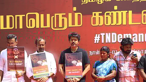 TVK founder Vijay leads agitation seeking justice for the lock-up death victims with thousands of cadres  at Sivananda Salai and on Kamarajar Road  in Chennai.