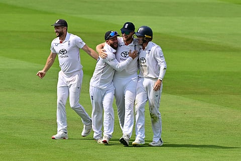 England's captain Ben Stokes celebrates the dismissal of India's Jasprit Bumrah on Monday