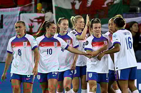 England's players celebrate at the end of the UEFA Women's Euro 2025 quarter-final football match between Sweden and England at Letzigrund Stadium in Zurich, on July 17, 2025.