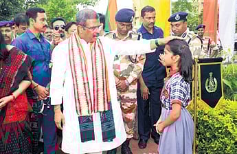 Pradhan interacting with a student at the ITBP campus on Monday