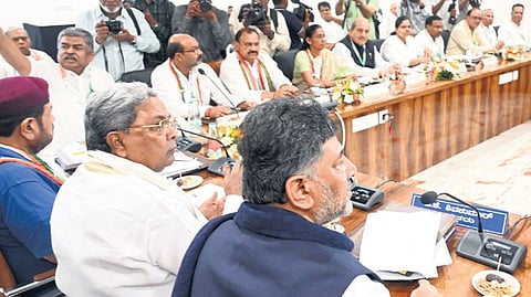 Chief Minister Siddaramaiah, DyCM DK Shivakumar and other Congress leaders at OBC Advisory Council meeting at KPCC office in Bengaluru on Tuesday