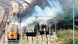 A train caught fire while it was moving towards Yard for cleaning, on Monday in Tirupati Railway Station. 
