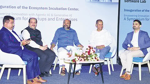 Industries Minister P Rajeeve with IBM Software senior vice-president Dinesh Nirmal and KSIDC MD Mir Mohammed Hanish after the launch of IBM’s Ecosystem Incubation Centre at Lulu Cyber Tower 2 at Infopark 