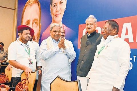 CM Siddaramaiah greets former Rajasthan CM Ashok Gehlot and former Puducherry CM V Narayanasamy at AICC OBC Advisory Council meet in Bengaluru on Wednesday 