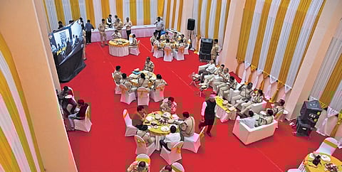 Police officers at high tea after CM Siddaramaiah inaugurated the Karnataka Academy of Prison and Correctional Service in Gandhinagar on Wednesday