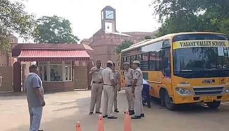 Police persanal leave after investigation at sardar patel school in Lodi estate, School that received a bomb threat through email on Wednesday, at Dwarka in New Delhi, Wednesday, July 16, 2025